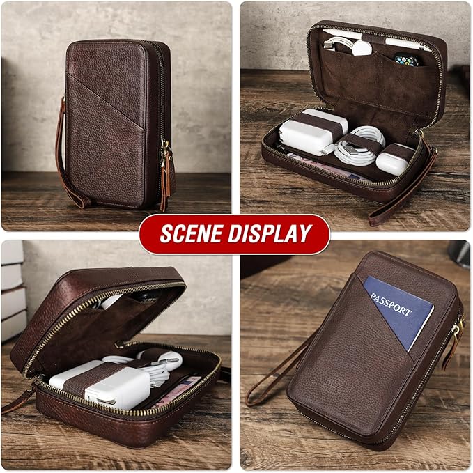 Top Grain Leather Text Custom Electronic Organizer Zipper Bag Tech Pouch, Handmade, Portable Compact Travel Storage Cases for Phone, USB Cables, Power Banks, Chargers, Hard Drive
