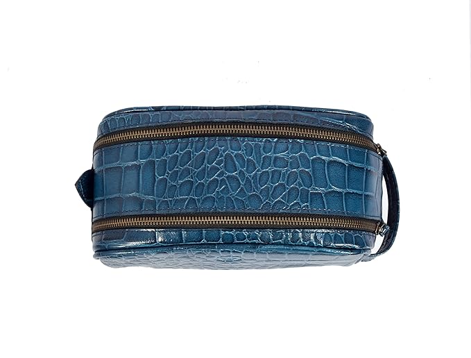 10" Premium Leather Toiletry Travel Pouch With Waterproof Lining | King-Size Handcrafted Vintage Dopp - Kit ~ Gift for Father's Day By Aaron Leather Goods (Egyptian Blue)