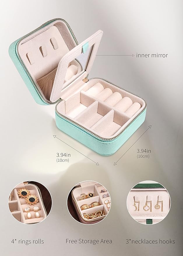 S.Leaf Travel Jewelry Box - Portable Case for Women - Suede Touch Mint Green