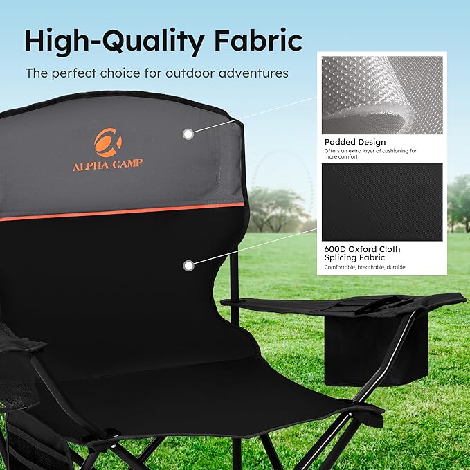 ALPHA CAMP Camping Chair 2 Pack Portable Chair with 3-Can Cooler Folding Chair with Side Pocket and Cup Holder, Collapsible for Camping, Tailgates, Beach, Fishing and Sports,2PC