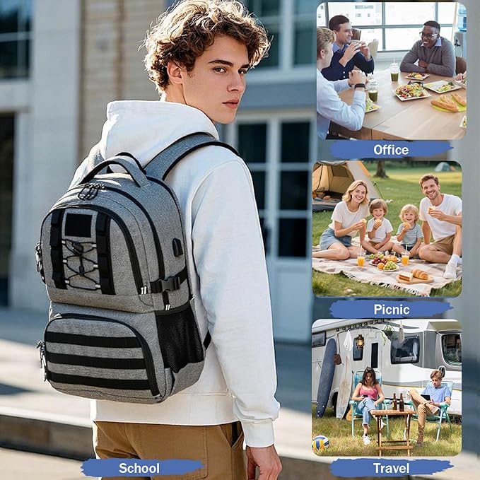 Laptop Lunch Backpack for Men - 40L Large Capacity Work Backpack with Lunch Compartment and USB Post, RFID Insulated Cooler Backpack for Work, Travel, Picnic, Black+Gray