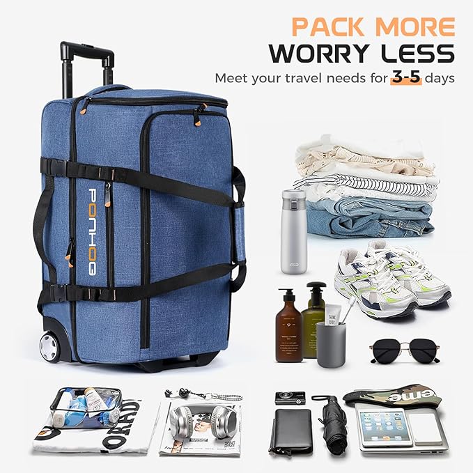 Rolling Duffle Bag with Wheels, Large Travel Duffel Bag with Shoe Compartment, Water Resistant Rolling Wheeled Luggage for Men Women Weekender Overnight Trip