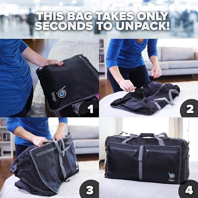 Bago Big XXL Foldable Duffel Bags for Traveling Women & Men - 140L Packable Duffle Bag for Travel with Shoe Compartment - Water Repellant, Heavy Duty, Lightweight Folding & Collapsible (SnowDepBlue)