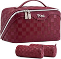 Travel Makeup Bag Organizer Cosmetic Bag: 3 Pcs Set Make up Bags for Women with Handle - Waterproof Vegan Leather Toiletry Bags with Comparments (C-11-Red)
