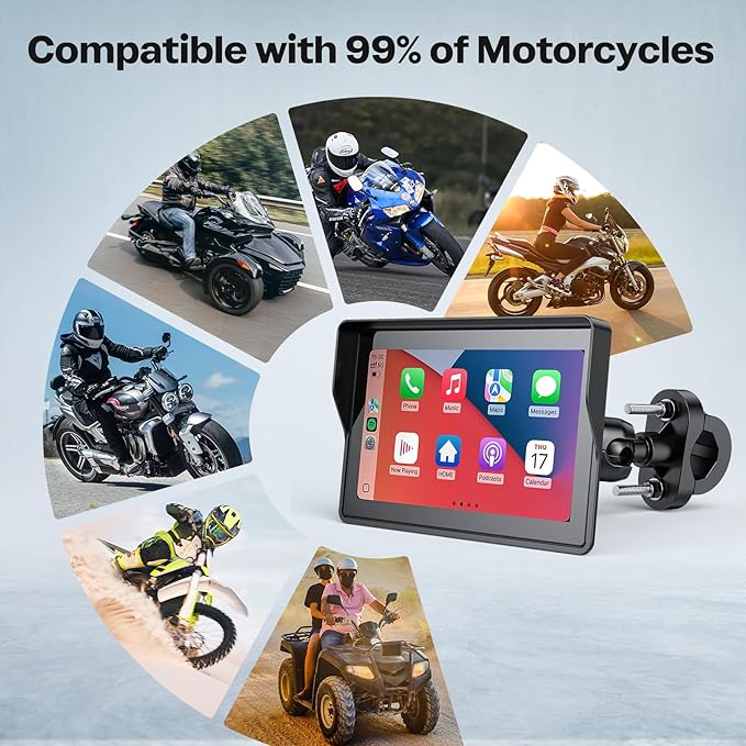 WonVon 5 Inch Motorcycle Carplay GPS Navigation System with Apple Carplay and Android Auto Portable Screen with Dual Bluetooth, Navigation, Siri, Google Assistant（Not Inchluded TPMS）