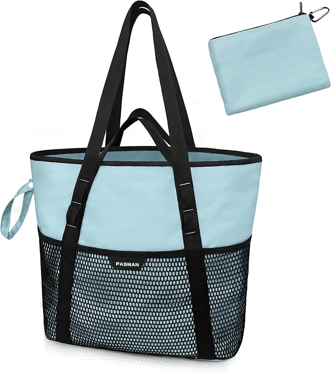 Beach Bag with Zipper - 8 Pockets Sandproof Beach Tote Bag for Women,Foldable Lightweight Family Swim Bag Vacation