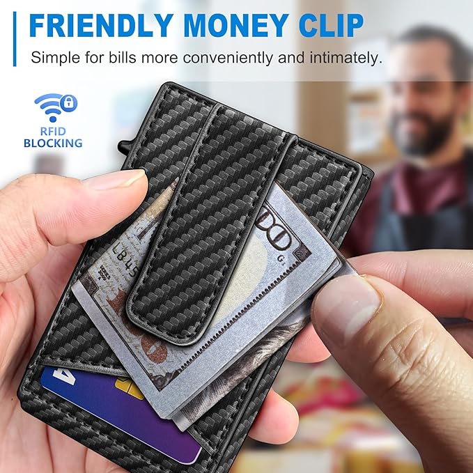 Airtag Wallet for Men,with Money Clip Gift Boxed,Slim Front Pocket Wallet RFID Blocking Metal Case Smart Pop-up Credit Card Holder in Magnetic Leather Flip
