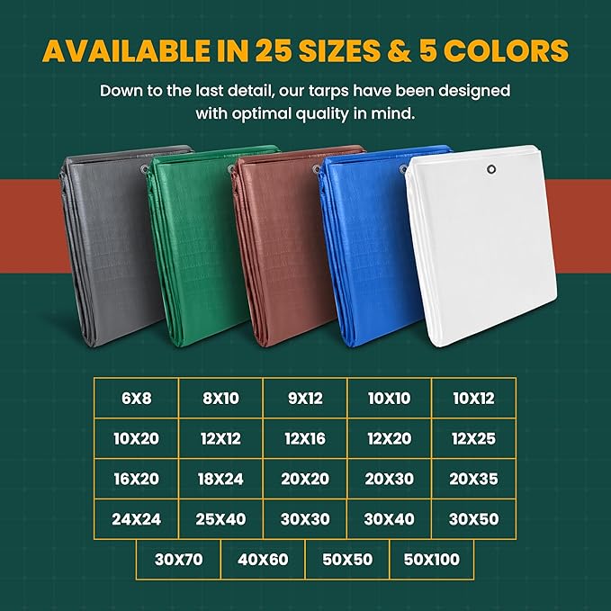 Large Waterproof Tarp - Heavy Duty 10 Mil Thick Poly Tarpaulin Ideal for Canopy Tents, Boats, RV or Pool Covers - Multipurpose Protective Tarps with Grommets for Indoor and Outdoor Use | 20' x 40'