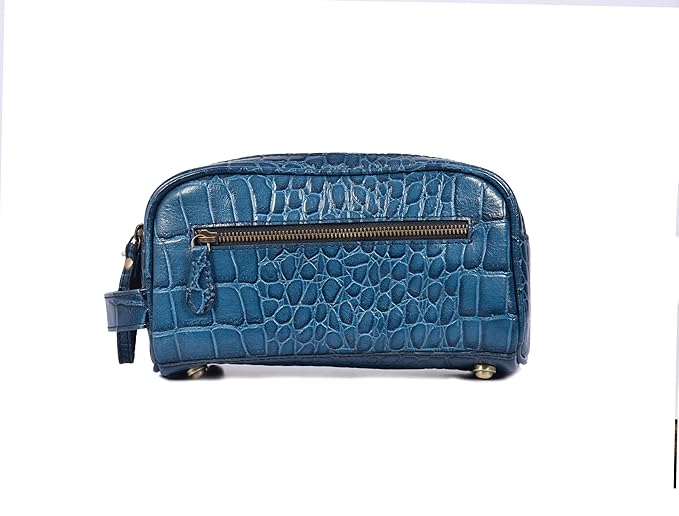 10" Premium Leather Toiletry Travel Pouch With Waterproof Lining | King-Size Handcrafted Vintage Dopp - Kit ~ Gift for Father's Day By Aaron Leather Goods (Egyptian Blue)