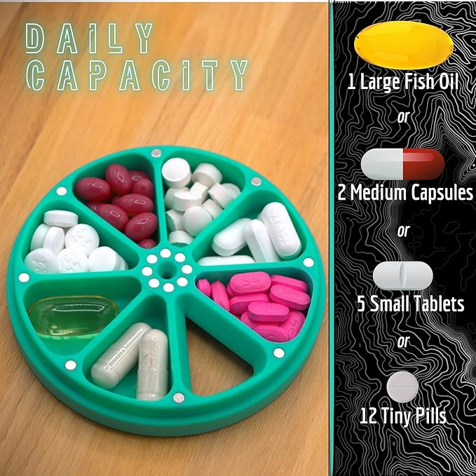 Travel RX Pill Case by Type Two Labs – Weekly 7 Day Pill Box, Compact Magnetic Organizer for Pills fits Purses or Pockets, Rugged Daily Caddy Holds Vitamins, Supplements and Medication. (Vibrant Teal)
