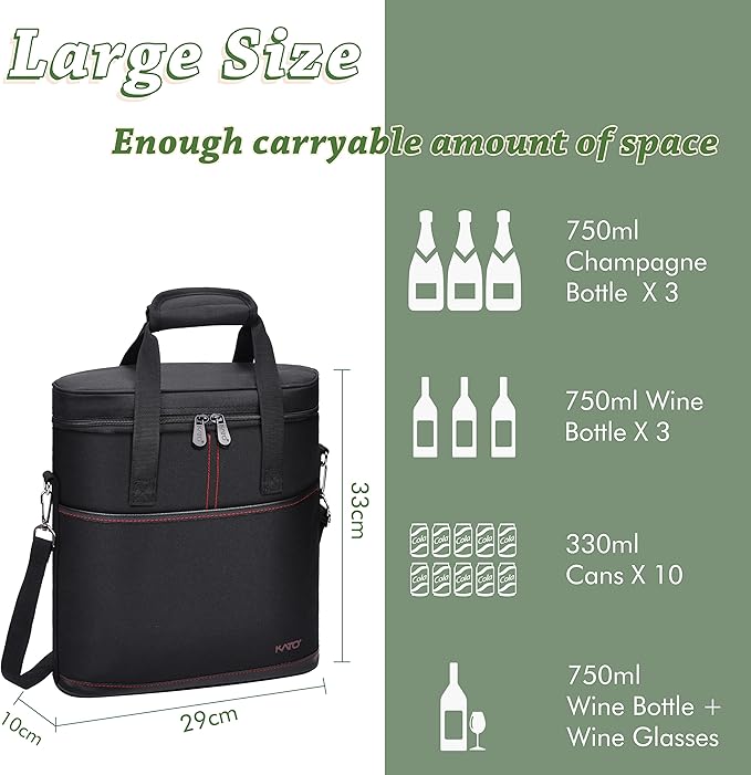 Tirrinia Insulated Wine Gift carrier - 3 Bottle Travel Padded Wine Carry Cooler Tote Bag with Handle and Adjustable Shoulder Strap, Black