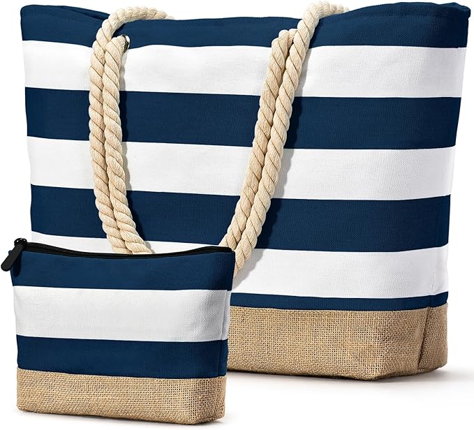 Becokan Beach Bag Initial Beach Tote with Makeup Bag for Travel Work Storage Personalized Birthday Gifts for Women Her