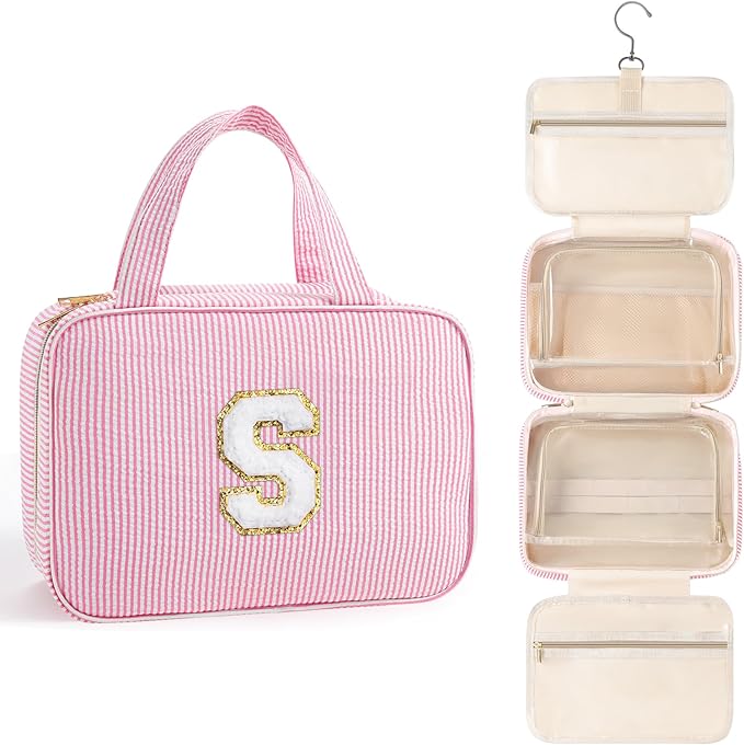TOPEAST Hanging Toiletry Bag - Large Capacity Personalized Travel Bag for Women, Cruise Ship Essentials - Letter S, Pink