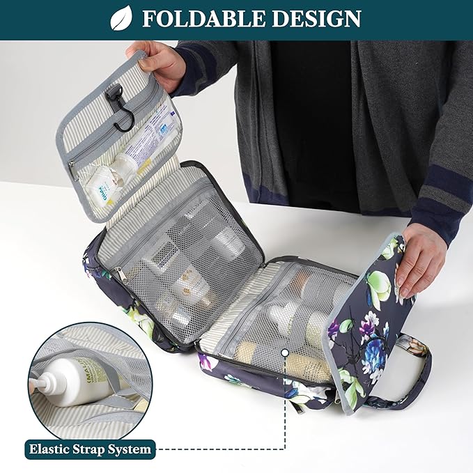 PAVILIA Hanging Toiletry Bag Travel Bag Women Men, Foldable Cosmetic Organizer, Roll up Makeup Bag, Water Resistant Accessories Toiletries, Large Travel Essentials Kit (Grey Floral)