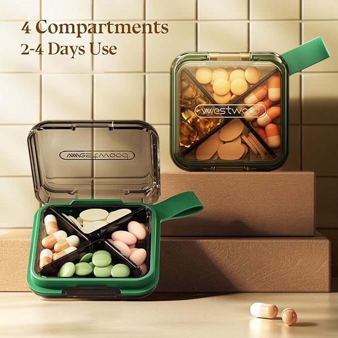 1 Pack Grey Pill Organizer with Strap, 4 Compartments, Compact Travel Pill Box Case, Portable and Moistureproof to Store Vitamins, Medication and Supplements