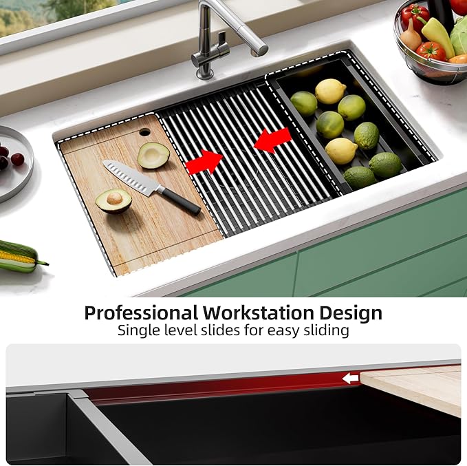 33 Inch Undermount Kitchen Sink Stainless Steel, 33x19 Undermount Workstation Sink Single Bowl Commercial 16 Gauge Stainless Steel Kitchen Black