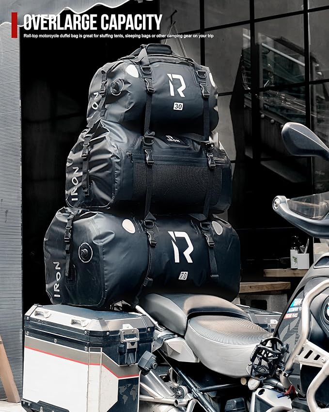 IRON JIA'S Motorcycle Dry Bag - Waterproof Duffle & Luggage Tail Bag Saddle Bags with Roll Top Closure, Shoulder Straps, Inner Pocket and Mesh Pocket (Orange, 50L)