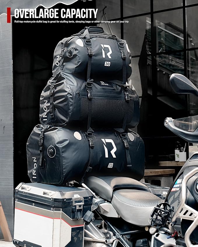 IRON JIA'S Motorcycle Dry Bag - Waterproof Duffle & Luggage Tail Bag Saddle Bags with Roll Top Closure, Shoulder Straps, Inner Pocket and Mesh Pocket (Carbon Fiber, 50L)