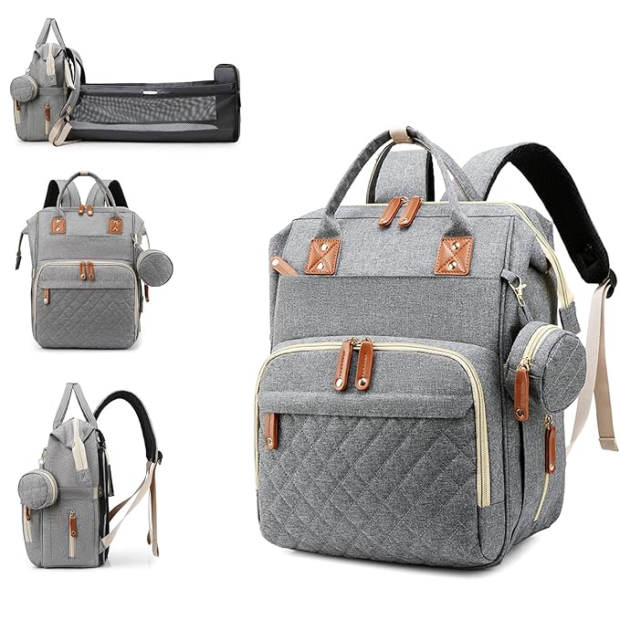 Diaper Bag, Backpack with Changing Station, Waterproof Baby Bag for Boys & Girls, USB Charging Port for Parents, Travel Backpack Baby Essentials & Lovely Baby Shower Gifts, Grey