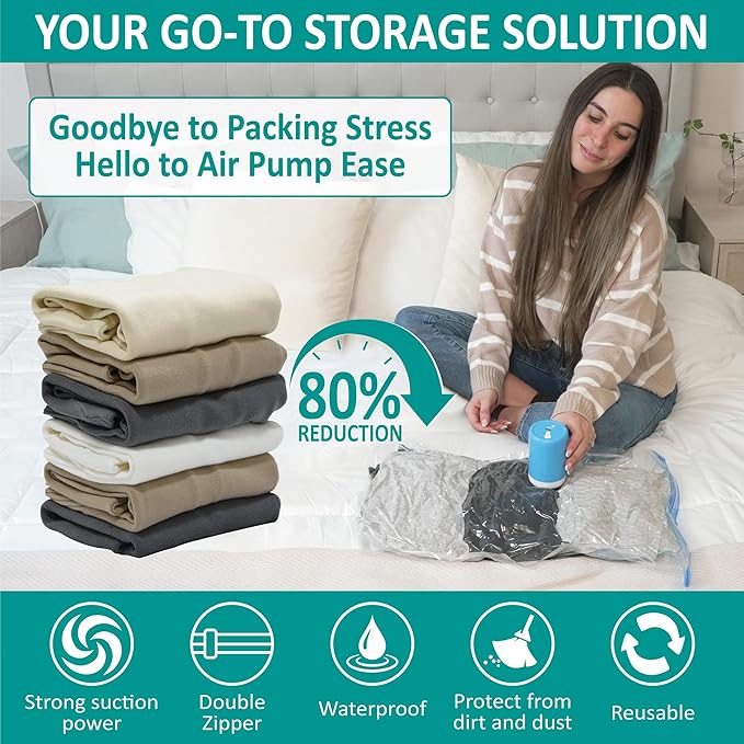 Cozy Essential 30 Pack Vacuum Storage Bags with Portable Electric Pump, Vacuum Seal Space Saver Bags for Clothing, Pillows, Blanket, Bedding, Comforter