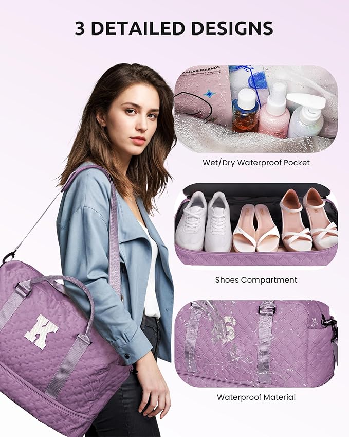 Gifts for Friends-Initial Duffle Bag with Shoe Compartment, Personalized Weekender Bag, Monogram Overnight Bag, Travel Bag with Makeup Bag，Birthday Gifts Bag for Daughter Sister (Letter I)