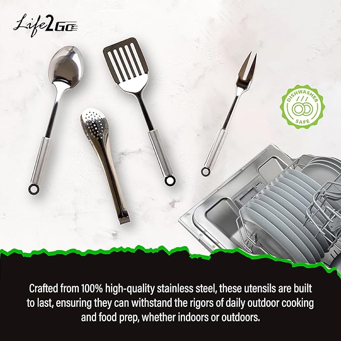 Life2Go 12 Piece Camp Cooking Utensil Set & Outdoor Kitchen Gear Cookware Kit, Portable Compact Carry Case for Camping, Hiking, Travel, BBQ Grilling Stainless Steel Accessories Spoon & Fork, Gray