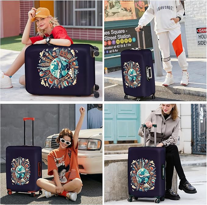 ANNA QUEEN World Landmarks Luggage Cover, Dark Travel-Themed Suitcase Protector with Airplane & Globe Design, Stretchable, Washable Luggage Sleeve for 24-26 Inch Suitcases