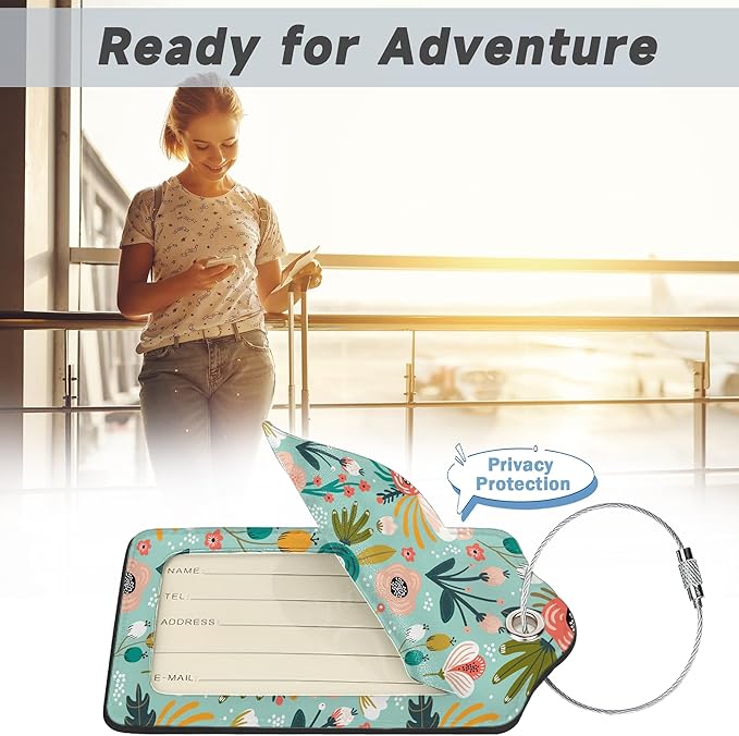 2 Pack Leather Luggage Tag for Suitcase Spring Flowers Leaves Berries Unique Travel Tags with Privacy Cover ID Label & Stainless Steel Loop for Men and Women Baggage