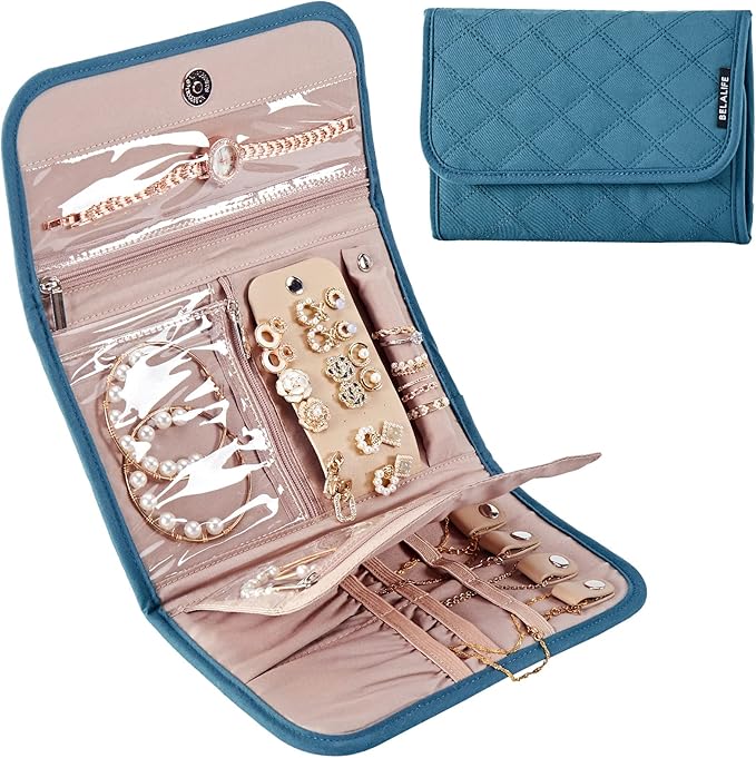 BELALIFE Travel Jewelry Case Organizer, Foldable Jewelry Storage Roll for Earrings, Necklaces, Rings, Bracelets, Brooches, Lake-Blue