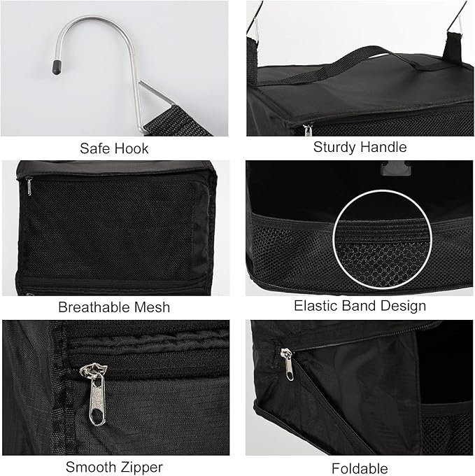 TABITORA Travel Portable Hanging Shelves Closet Organizer Packing Luggage Storage with Multifunctional and Foldable Invisible Compartment,Lightweight, for Suitcase, RV,Closet…Black,XL