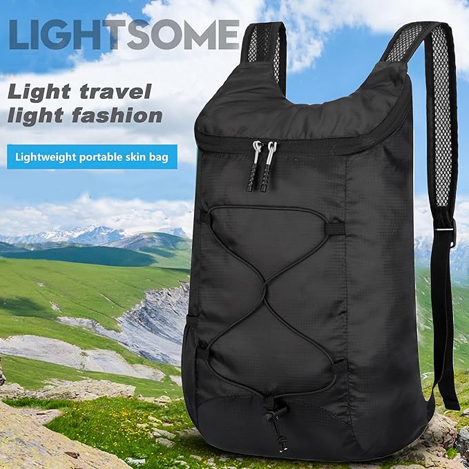 16L Hiking Daypack Lightweight Foldable Travel Backpack Water Repellent Camping Outdoor Packable Easy Carry-on Bag (Black)