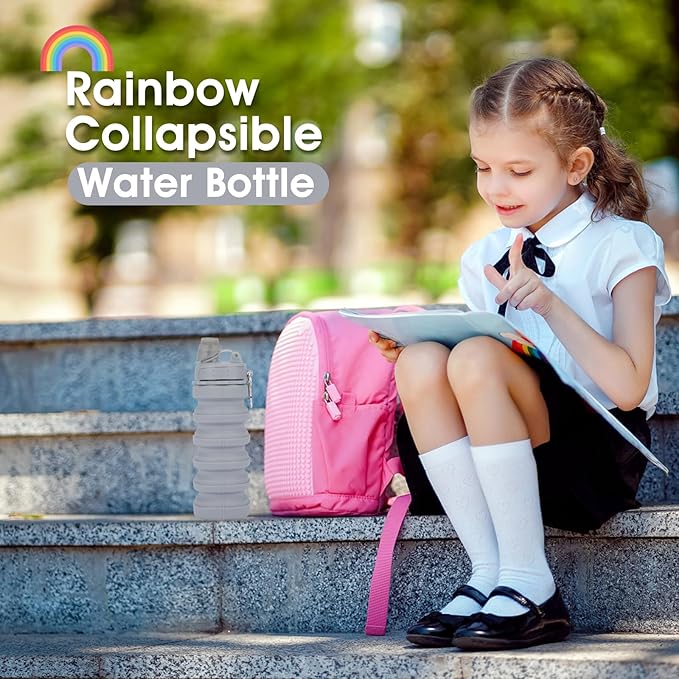Collapsible Water Bottles for Kids, Students, Adults, Reusable BPA Free Silicone Foldable Sports Water Bottles for Travel Camping Hiking, Folding Travel Water Bottles, Gary