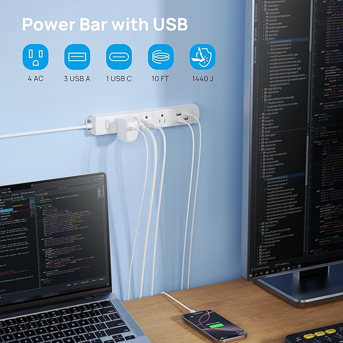 TROND Surge Protector Power Strip with USB, Ultra Thin Flat Plug 10ft Long Extension Cord 1625W, 3 USB A & 1 Type C, 4 AC Outlets 1440J Surge Protection Wall Mount for Home Office Dorm Room, White