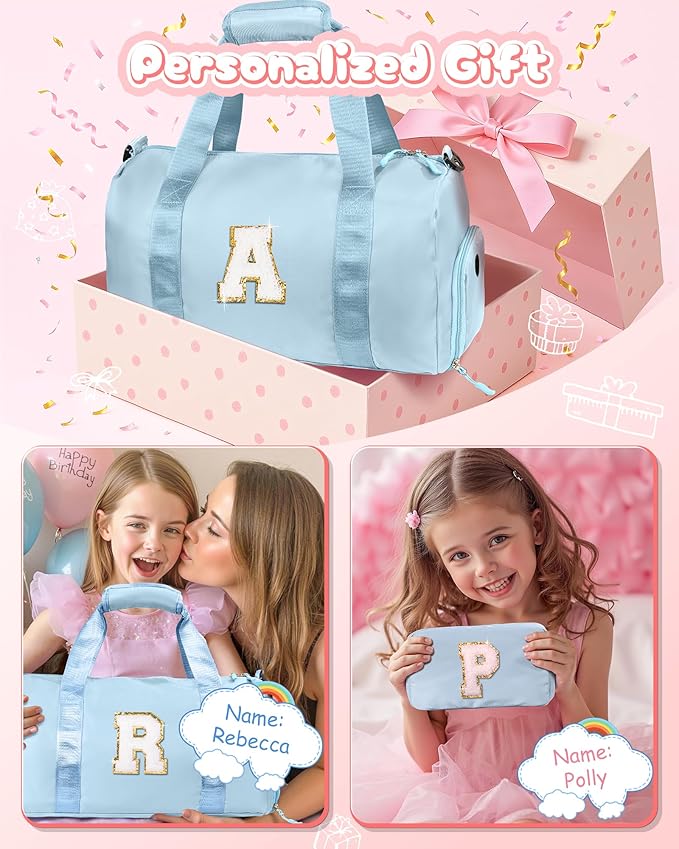 Cute Preppy Gifts for Girls-Girl Gym Bag with Shoe Compartment, Kid Personalized Weekender Overnight Bags, Initial Travel Tote with Makeup Pouch, Chenille Gift for Teen (Letter D)