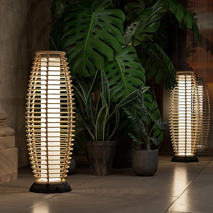 Grand patio Floor Lamp Outdoor Lamp Patio Lights Solar Powered Lantern Weather-Resistant Wicker Deck Lights, Lamp Large-Sized for Garden (Austin Natural Brown)