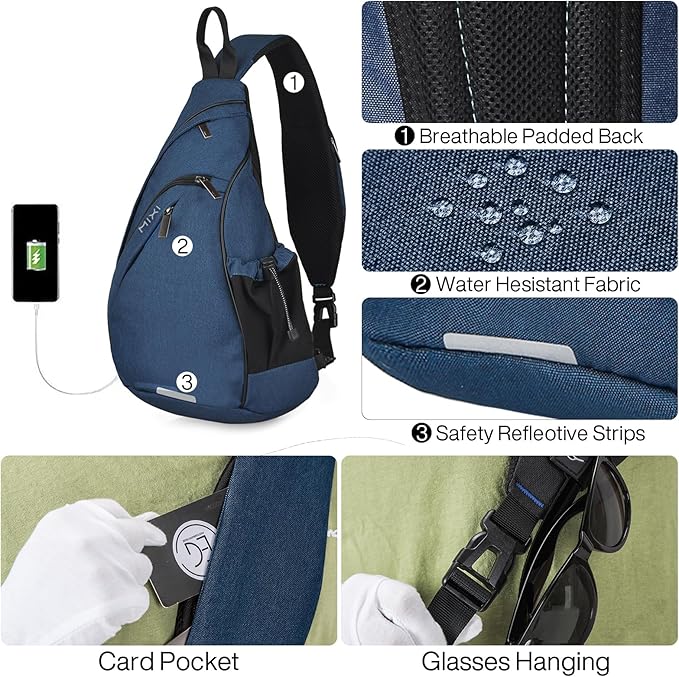 mixi Sling Bag Men Backpack Unisex One Shoulder Bag Hiking Travel Backpack Crossbody with USB Port for Men Women Versatile Casual Daypack-19 inch,Dark Blue