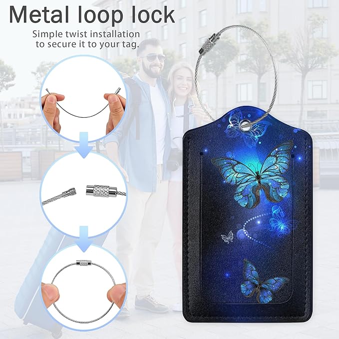Butterfly Moon Luggage Tags,2 Pack Moth and Stars Luggage Tag,Leather Privacy Cover ID Label with Stainless Steel Loop for Women Men Kids Girls Travel