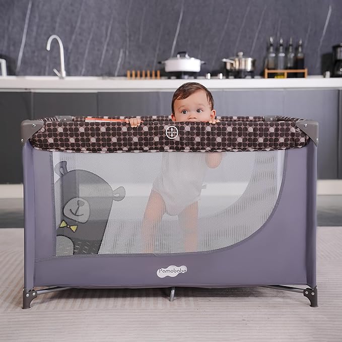 Pamo Babe Portable Crib Baby Playpen with Mattress and Carry Bag Grey