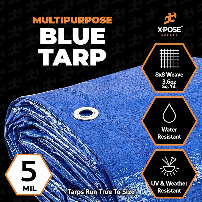 Better Blue Poly Tarp 10' x 20' - Multipurpose Protective Cover - Lightweight, Durable, Waterproof, Weather Proof - 5 Mil Thick Polyethylene - by Xpose Safety