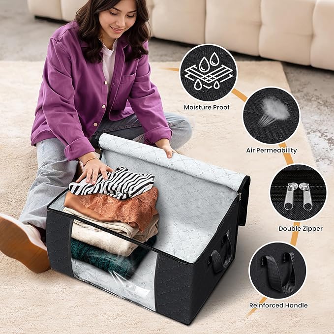 Fab totes 6 Pack Clothes Storage, Foldable Thick Fabric Blanket Storage Bags, Containers for Organizing Bedroom, Closet, Clothing, Comforter,Closet Organization with Handle,Black