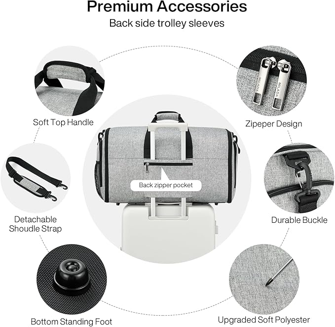 MILADA Convertible 2-in-1 Garment Duffel Weekender Bag Carry On Garment Bags for Travel Hanging Clothes Suit Bag Foldable Personal Item Business Overnight Bag with Shoe Compartment, Light Grey