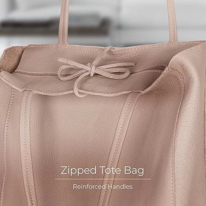 Italian Calf Leather Tote for Women with Zipper, Inner Pocket & Flat Base | Soft Unlined Shopper for Work & Travel