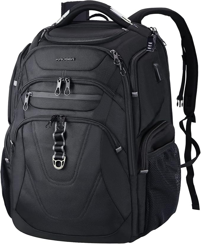 KROSER TSA Friendly Travel Laptop Backpack 18.4 inch XXXL Gaming Backpack Water-Repellent College Daypack Business Backpack with RFID Pockets & USB Port for Men/Women-Black