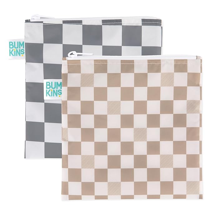Bumkins Reusable Sandwich and Snack Bags, for Kids School Lunch and for Adults Portion, Washable Fabric, Waterproof Cloth Zip Bag, Travel Pouch, Food-Safe, Large 2-pk Check