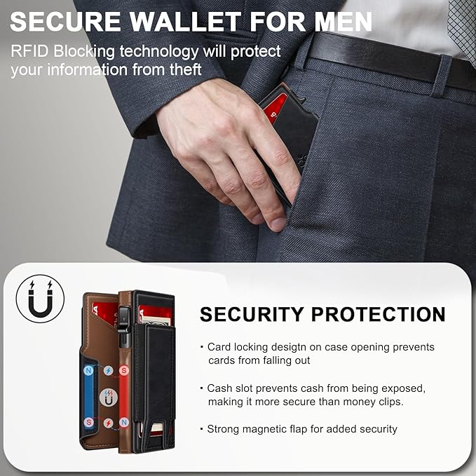 Wallet for Men Wallet with Slim Pop Up Card Holder 9-13 Cards, Bifold Minimalist Smart Wallet RFID Blocking Credit Card Holder with ID Window & Stretchable Cash Slot Compact Metal Aluminum Card Case