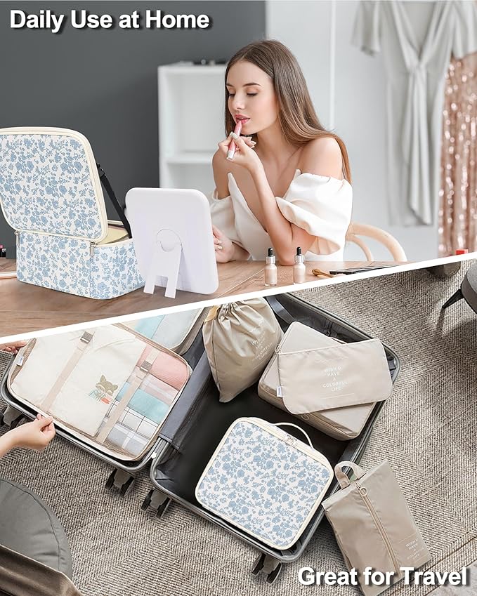 Chomeiu Makeup Bag with LED Mirror, Cute Cosmetic Bags Birthday Gifts for Girls Women, Makeup Train Case Artists Organizer Large Make Up Bags with Light Up Mirror 3 Color Lights, Floral Print