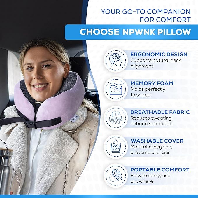 Pure Memory Foam Travel Pillows for Airplanes – Ergonomic Design with Adjustable Fit, Machine Washable, 3D Eye Mask & Compact Plane Pillow for Traveling – Grey & Pink