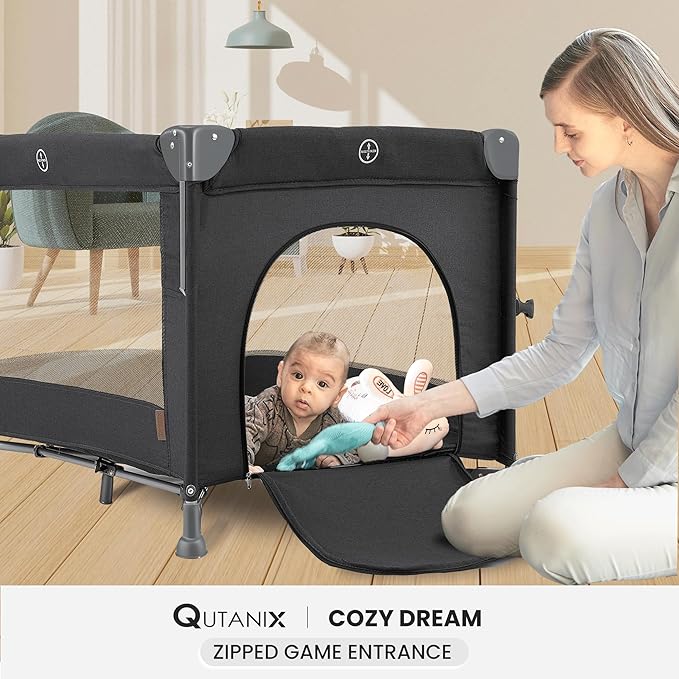 2-in-1 Pack and Play with Mattress,Baby Bassinet Bedside Sleeper, Bedside Bassinet & Baby Playpen, Easy Folding Portable Crib for Newborn to Toddlers (Dark Grey)