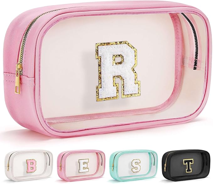 YOOLIFE Initial Travel Makeup Bag Pouch, Clear Toiletry Bag for Women Travel Accessories Cosmetic Bag Skin Care for Teen Make Up Bags Birthday Gifts for Women Unique Teacher Mom Friends Gifts Pink R
