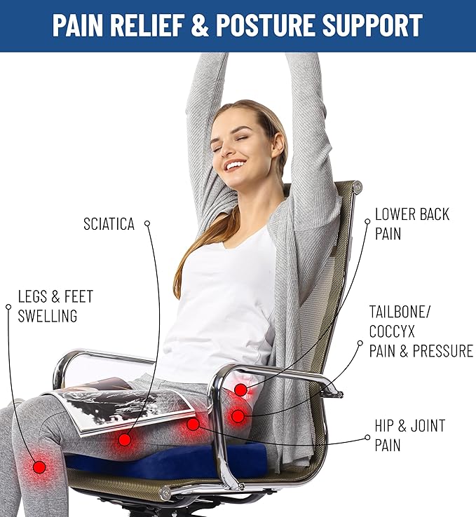 Everlasting Comfort Doctor Recommended Memory Foam Seat Cushion for Office Chairs & Car Seat - Ergonomic Office Desk Accessories for Tailbone Pain Relief, Sciatica & Back Support